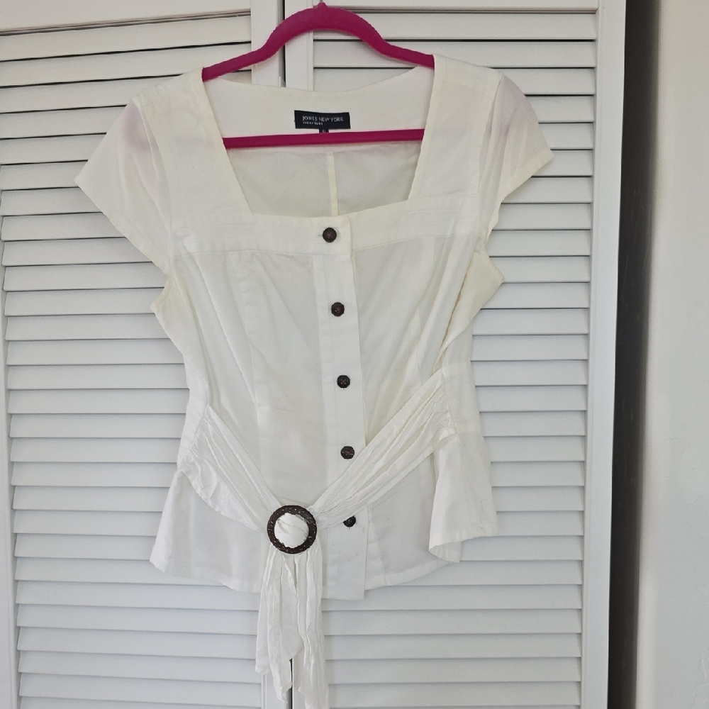 Jones New York Signature White Cotton Belted Waist Top Size M
